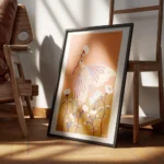 affiche coloree dun oiseau bleu et orange tenant une fleur entoure de fleurs bla encadre.webp