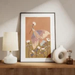 affiche coloree dun oiseau bleu et orange tenant une fleur entoure de fleurs bla meuble.webp