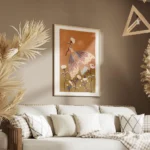 affiche coloree dun oiseau bleu et orange tenant une fleur entoure de fleurs bla salon.webp