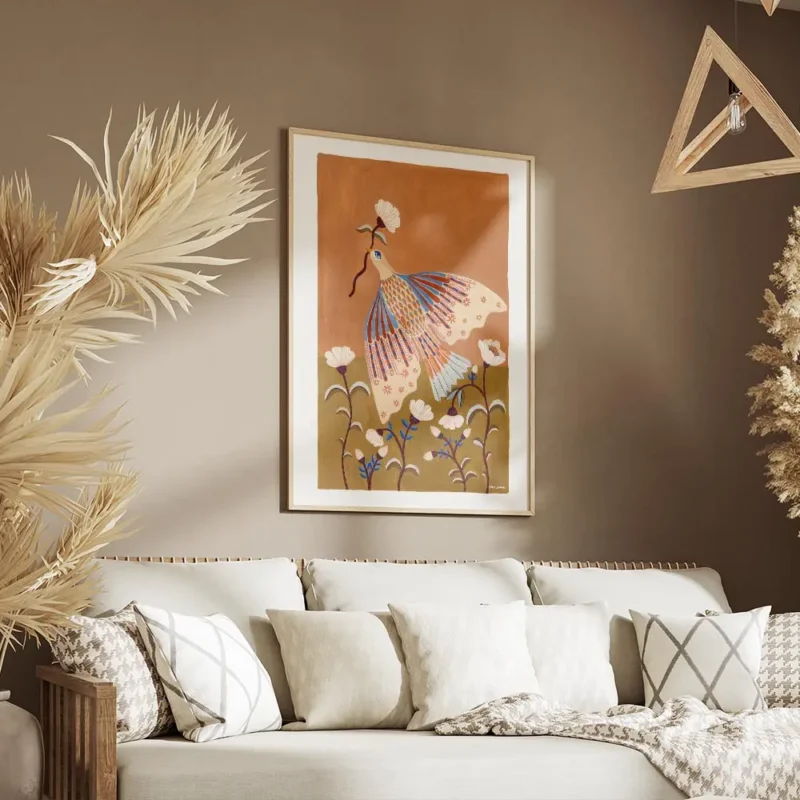 affiche coloree dun oiseau bleu et orange tenant une fleur entoure de fleurs bla salon.webp