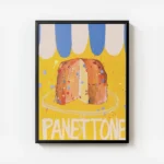 affiche coloree dun panettone sur un fond jaune vif avec le mot panettone en typ avec cadre.webp