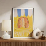 affiche coloree dun panettone sur un fond jaune vif avec le mot panettone en typ meuble.webp