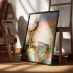 affiche coloree dun restaurant sandys a austin avec des tons vifs et des details encadre.webp