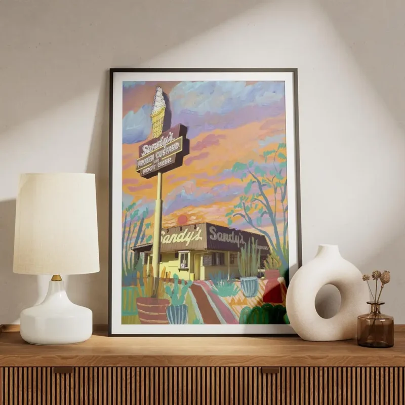 affiche coloree dun restaurant sandys a austin avec des tons vifs et des details meuble.webp