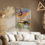 affiche coloree dun restaurant sandys a austin avec des tons vifs et des details salon.webp