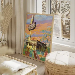 affiche coloree dun restaurant sandys a austin avec des tons vifs et des details salon beige.webp