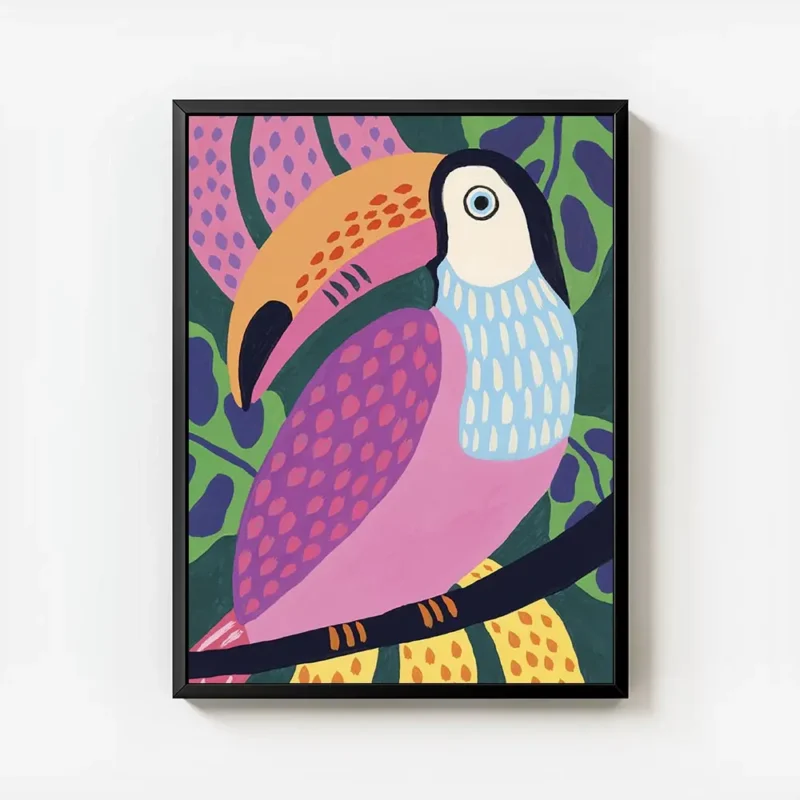 affiche coloree dun toucan aux couleurs vives avec un bec orange et un corps ros avec cadre.webp