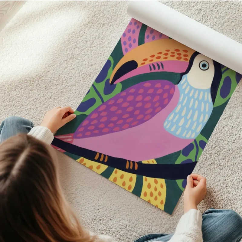 affiche coloree dun toucan aux couleurs vives avec un bec orange et un corps ros en rouleau.webp