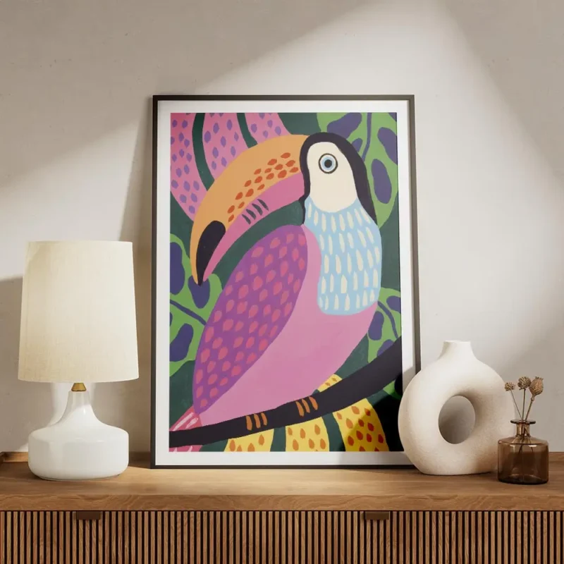 affiche coloree dun toucan aux couleurs vives avec un bec orange et un corps ros meuble.webp