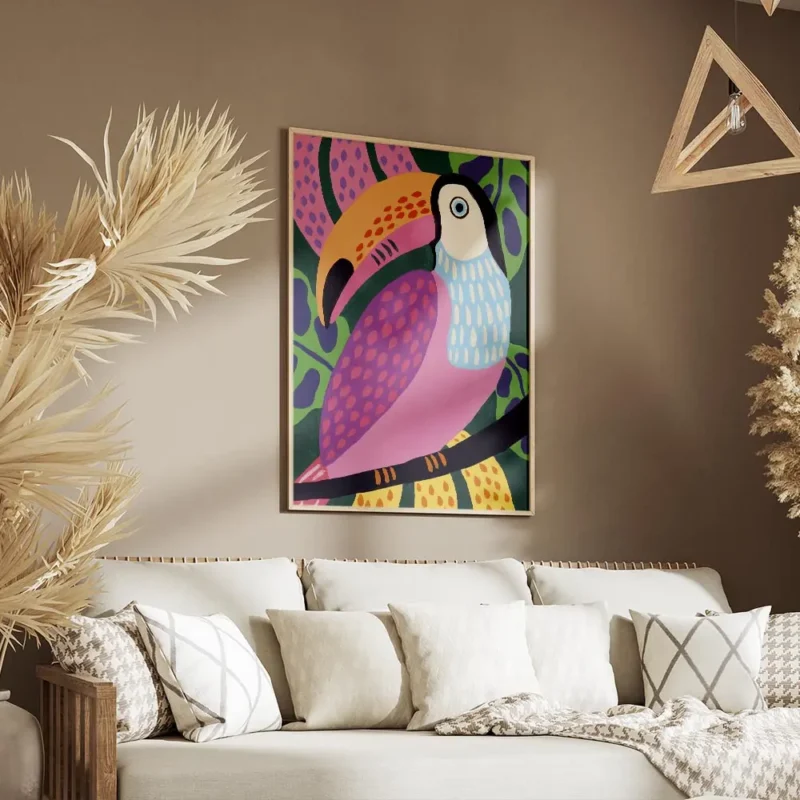 affiche coloree dun toucan aux couleurs vives avec un bec orange et un corps ros salon.webp