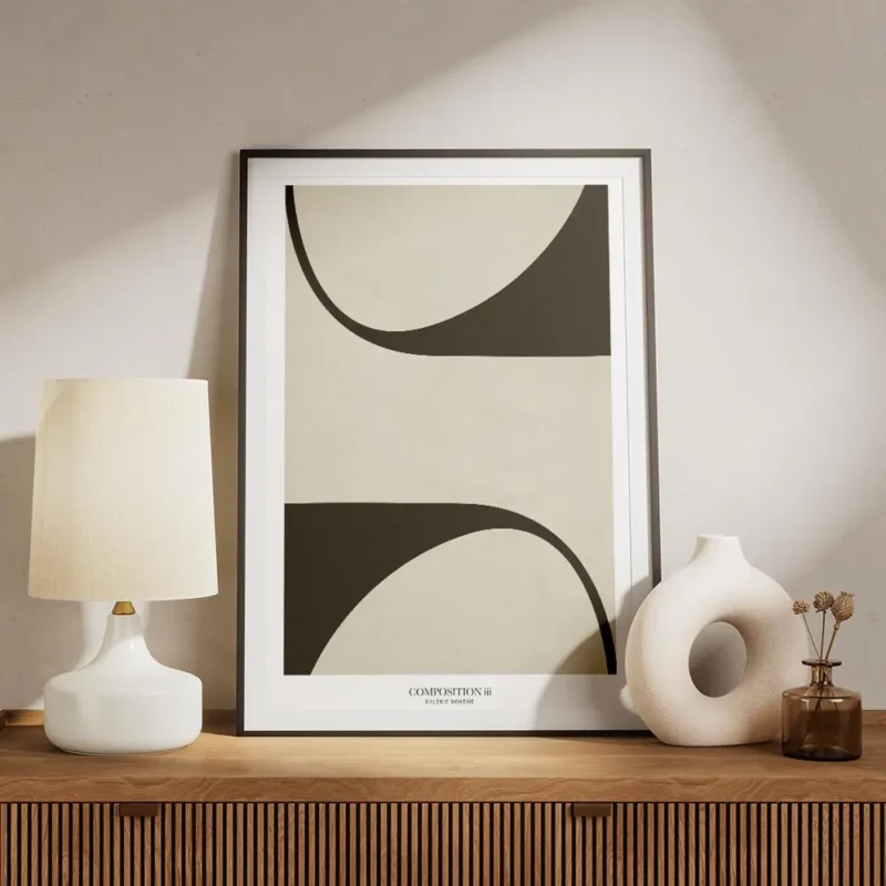 affiche composition iii avec des formes abstraites noires et beiges style minima meuble.webp