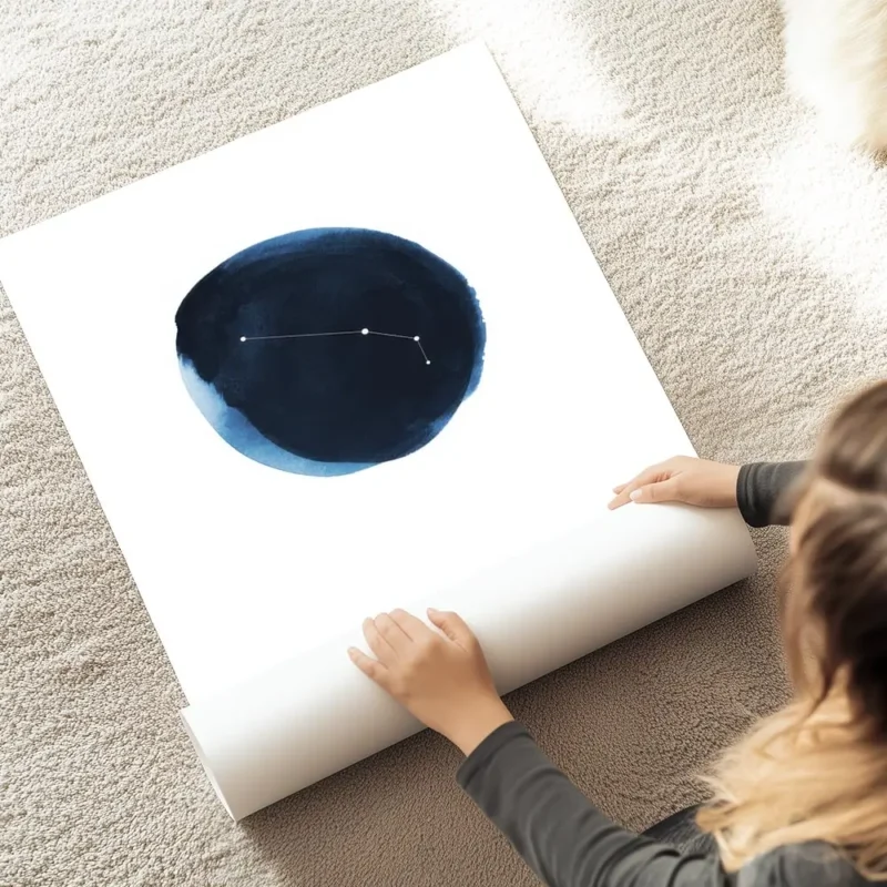 affiche constellation belier sur cercle aquarelle bleu marine et texte frida au sol.webp