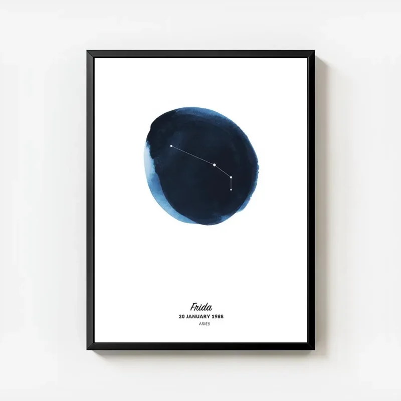 affiche constellation belier sur cercle aquarelle bleu marine et texte frida avec cadre.webp