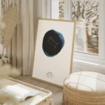 affiche constellation gemeaux avec un cercle bleu en arriere plan et du texte do salon beige.webp