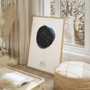 affiche constellation gemeaux avec un cercle bleu en arriere plan et du texte do salon beige.webp