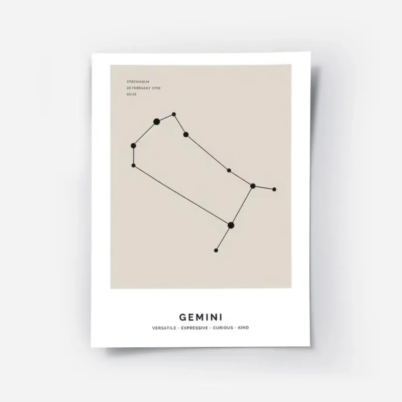 affiche constellation gemeaux en noir sur fond beige avec typographie du nom du .webp