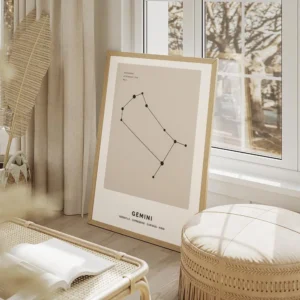 affiche constellation gemeaux en noir sur fond beige avec typographie du nom du salon beige.webp