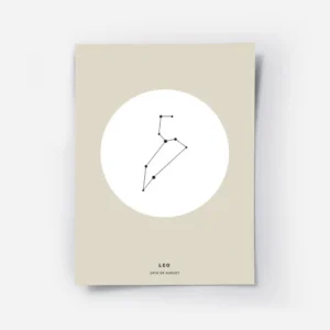 affiche constellation lion noire sur fond beige typographie leo et 24th of augus.webp