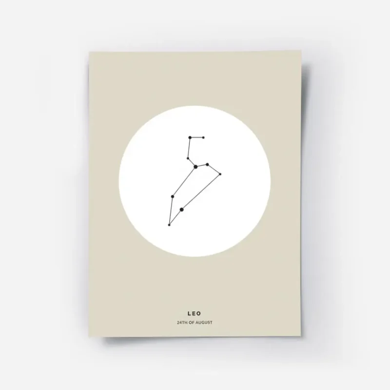 affiche constellation lion noire sur fond beige typographie leo et 24th of augus.webp