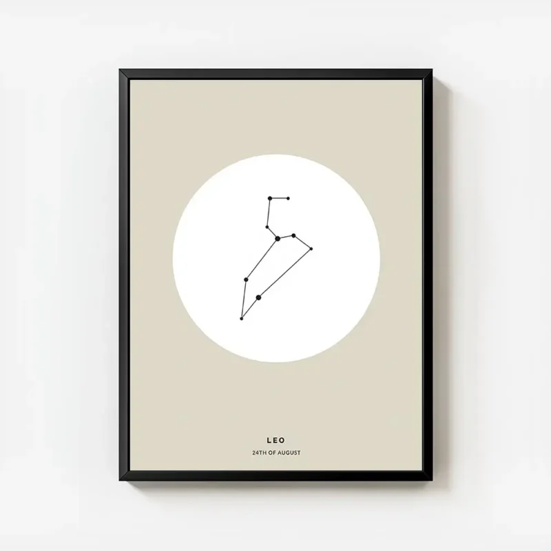 affiche constellation lion noire sur fond beige typographie leo et 24th of augus avec cadre.webp