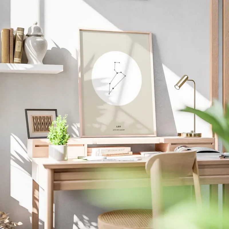 affiche constellation lion noire sur fond beige typographie leo et 24th of augus bureau.webp