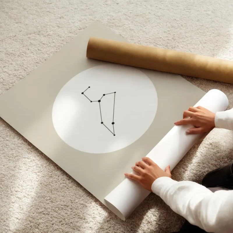 affiche constellation lion noire sur fond beige typographie leo et 24th of augus enroule.webp