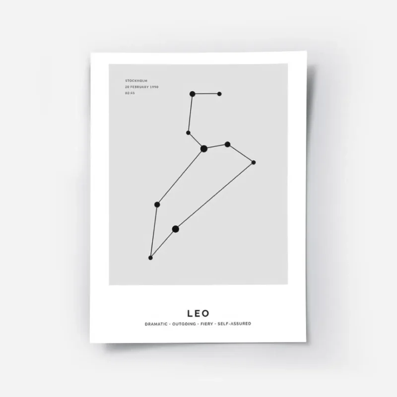 affiche constellation lion noire sur fond gris avec typographie personnalisee.webp