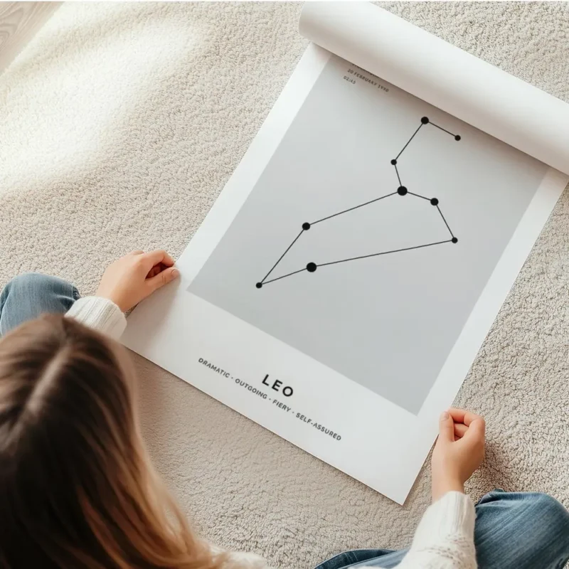 affiche constellation lion noire sur fond gris avec typographie personnalisee en rouleau.webp