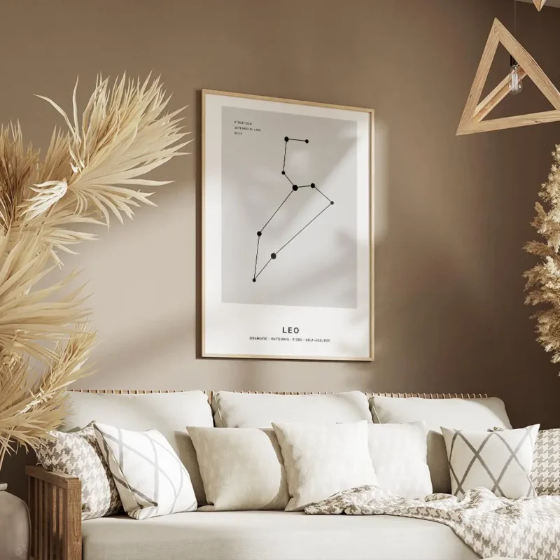 affiche constellation lion noire sur fond gris avec typographie personnalisee salon.webp