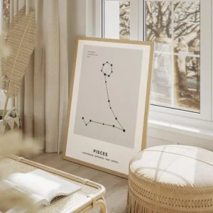 affiche constellation poissons grise avec typographie noire et texte personnalis salon beige.webp