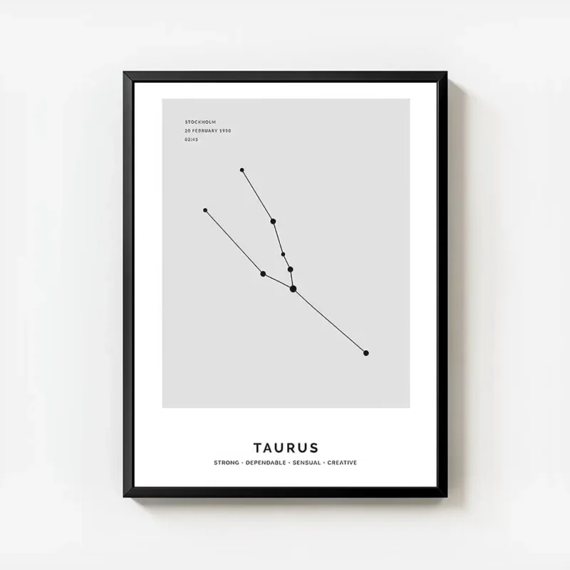 affiche constellation taureau grise personnalisee illustration dun signe taureau avec cadre.webp