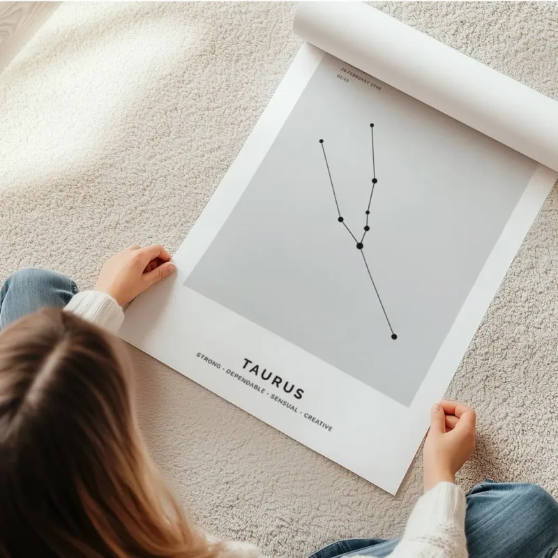 affiche constellation taureau grise personnalisee illustration dun signe taureau en rouleau.webp