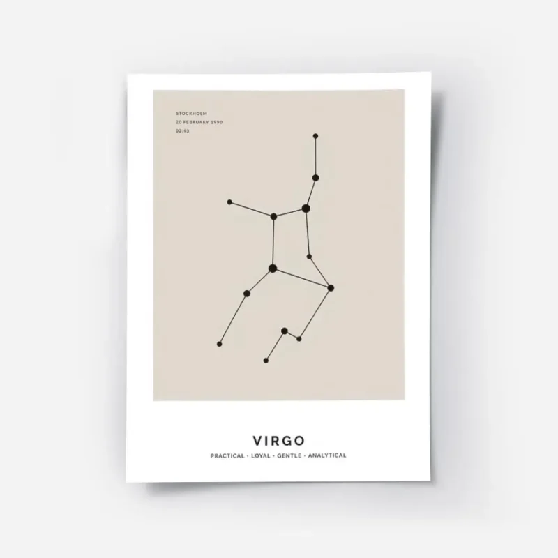 affiche constellation vierge noire sur fond beige avec typographie en haut et en.webp