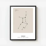 affiche constellation vierge noire sur fond beige avec typographie en haut et en avec cadre.webp