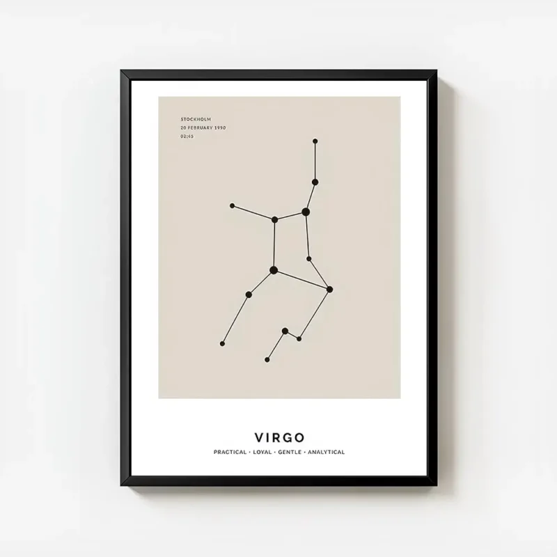 affiche constellation vierge noire sur fond beige avec typographie en haut et en avec cadre.webp