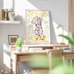 affiche contemporaine dalmatien rose avec lunettes orange texte jaune this is no bureau.webp