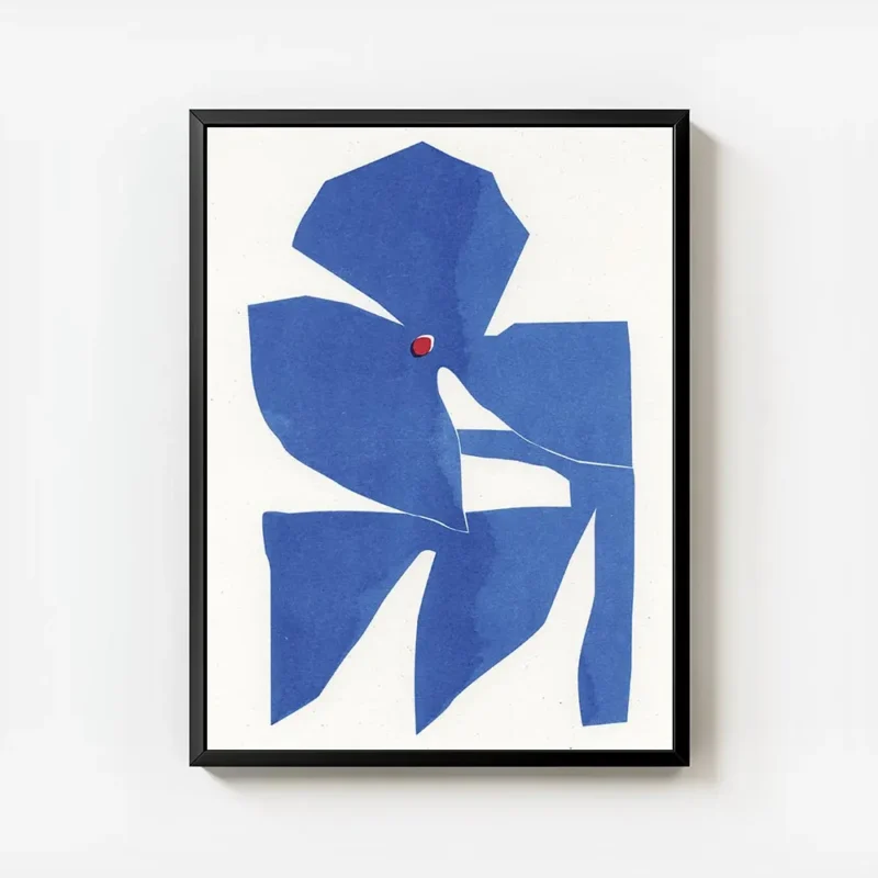 affiche contemporaine dune fleur bleue aux formes geometriques et texture avec u avec cadre.webp