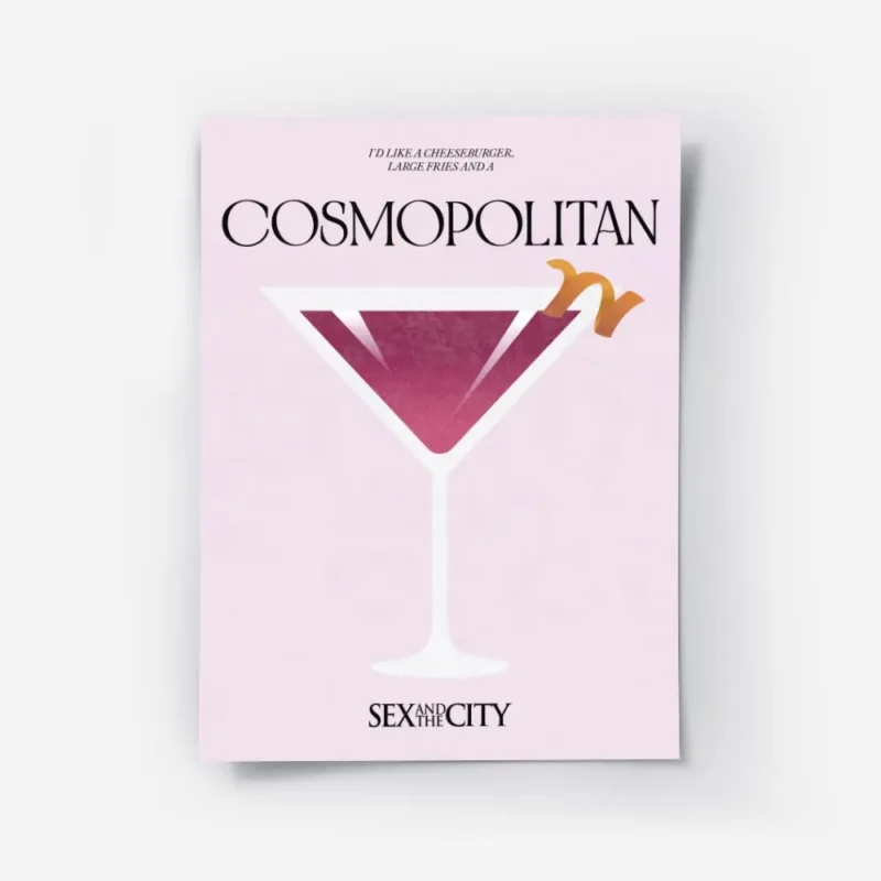 affiche cosmopolitan rose clair avec un verre a cocktail et une ecorce dorange t.webp