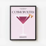 affiche cosmopolitan rose clair avec un verre a cocktail et une ecorce dorange t avec cadre.webp