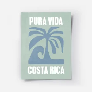 affiche costa rica avec palmier bleu vague et typographie pura vida sur fond ver.webp