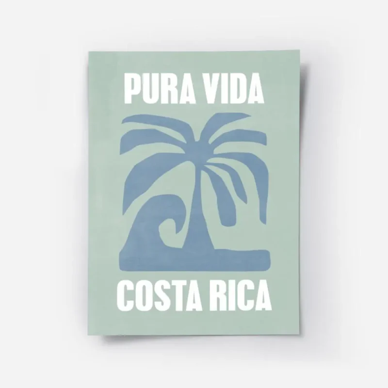 affiche costa rica avec palmier bleu vague et typographie pura vida sur fond ver.webp