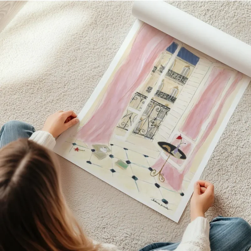 affiche couleur dun balcon parisien avec vue sur la ville rideaux roses livre et en rouleau.webp