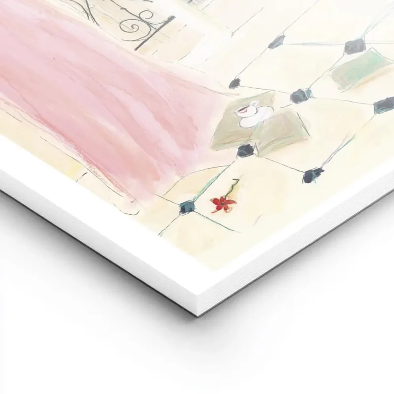 affiche couleur dun balcon parisien avec vue sur la ville rideaux roses livre et lightpanel.webp