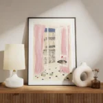 affiche couleur dun balcon parisien avec vue sur la ville rideaux roses livre et meuble.webp