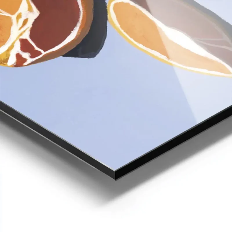 affiche dagrumes oranges et quartiers doranges dans les tons orange et rouge sur aluminium.webp