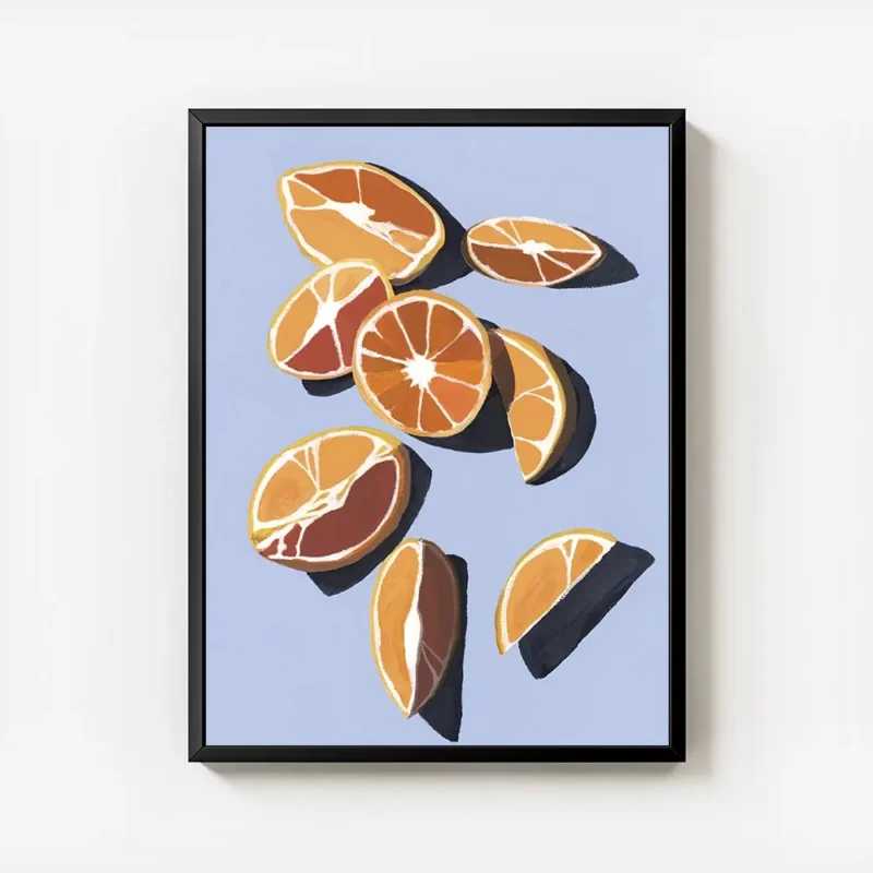 affiche dagrumes oranges et quartiers doranges dans les tons orange et rouge sur avec cadre.webp