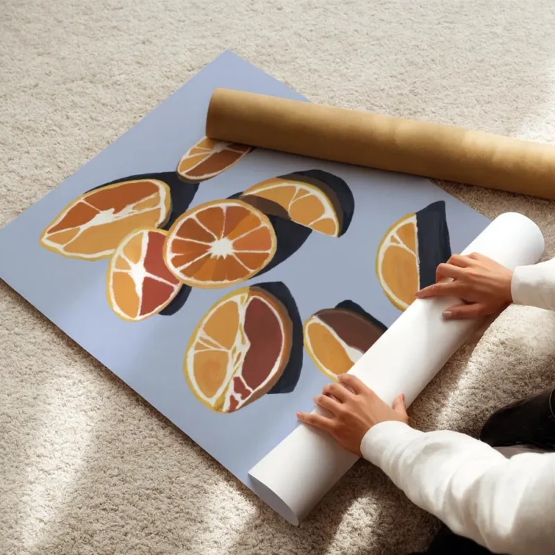affiche dagrumes oranges et quartiers doranges dans les tons orange et rouge sur enroule.webp