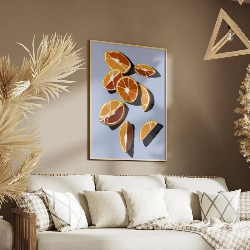 affiche dagrumes oranges et quartiers doranges dans les tons orange et rouge sur salon.webp
