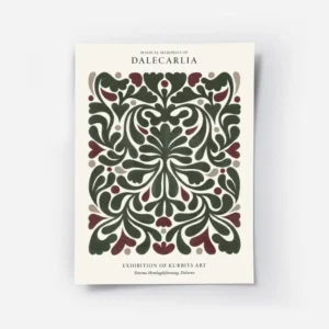affiche dalecarlia avec motif abstrait floral rouge et vert typographie memories.webp
