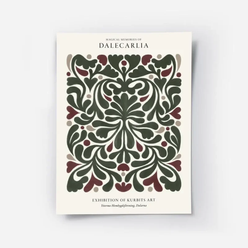 affiche dalecarlia avec motif abstrait floral rouge et vert typographie memories.webp
